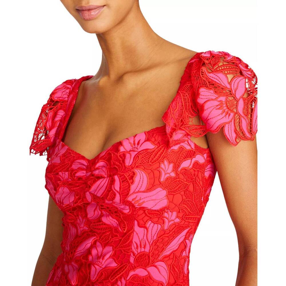 NEW MONIQUE LHUILLIER flutter sleeve fit and flare mini dress in pink and red - Picture 4 of 4